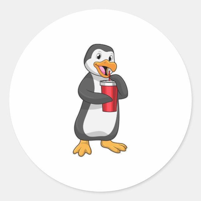 Penguin with Drinking cup with Straw Classic Round Sticker (Front)