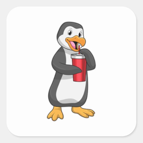 Penguin with Drinking cup with Straw Square Sticker