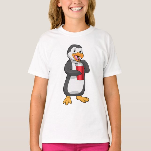 Penguin with Drinking cup with Straw T-Shirt (Front)