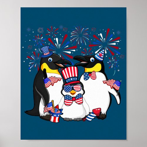 Penguin With Fireworks Sunglasses Hat Merica 4th Poster