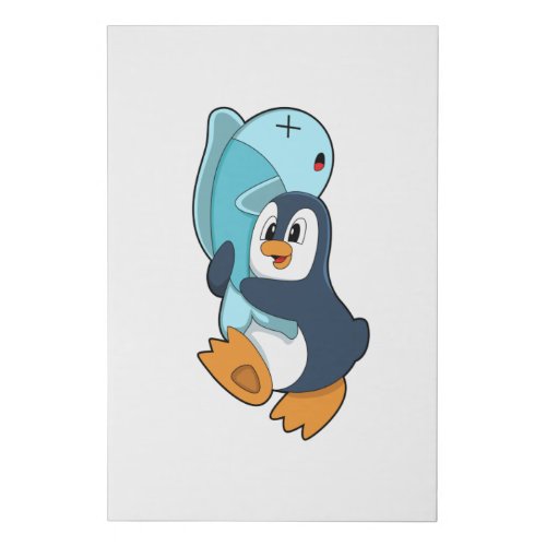 Penguin with Fish Faux Canvas Print