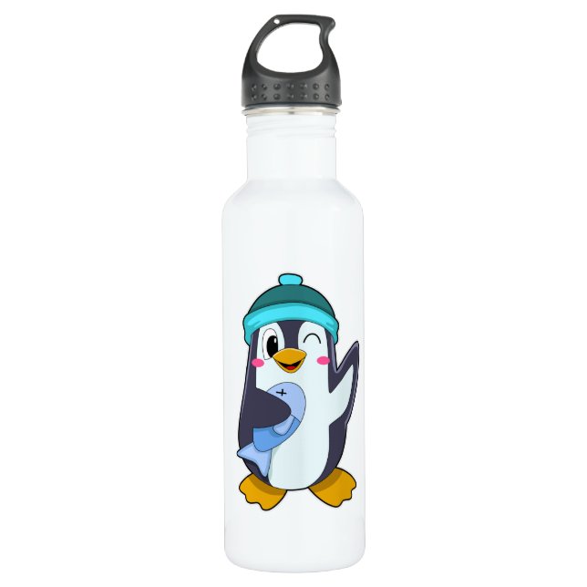 Penguin with Fish & Hat Stainless Steel Water Bottle (Front)