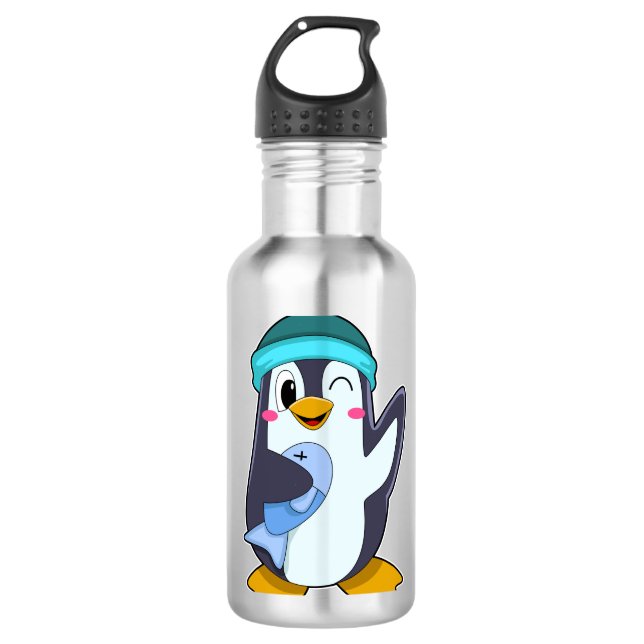 Penguin with Fish & Hat Stainless Steel Water Bottle (Front)