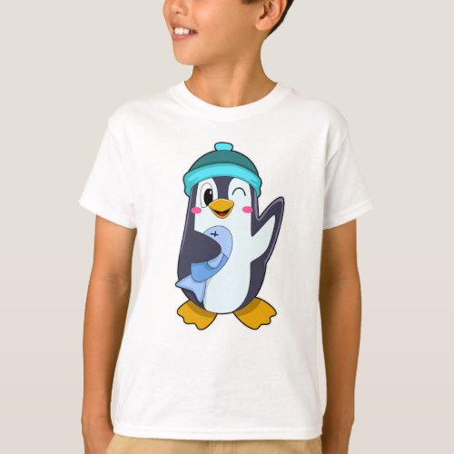 Penguin with Fish  Hat T_Shirt