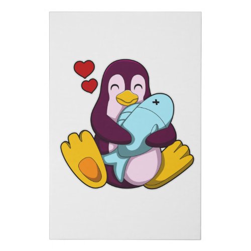Penguin with Fish  Hearts Faux Canvas Print