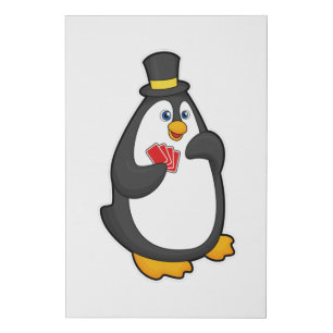 Penguin with Hat at Poker with Poker cards Faux Canvas Print