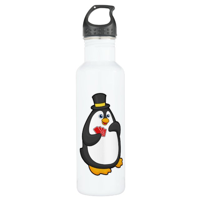 Penguin with Hat at Poker with Poker cards Stainless Steel Water Bottle (Front)