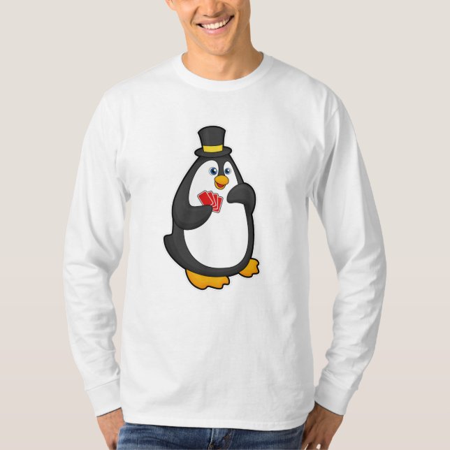 Penguin with Hat at Poker with Poker cards T-Shirt (Front)