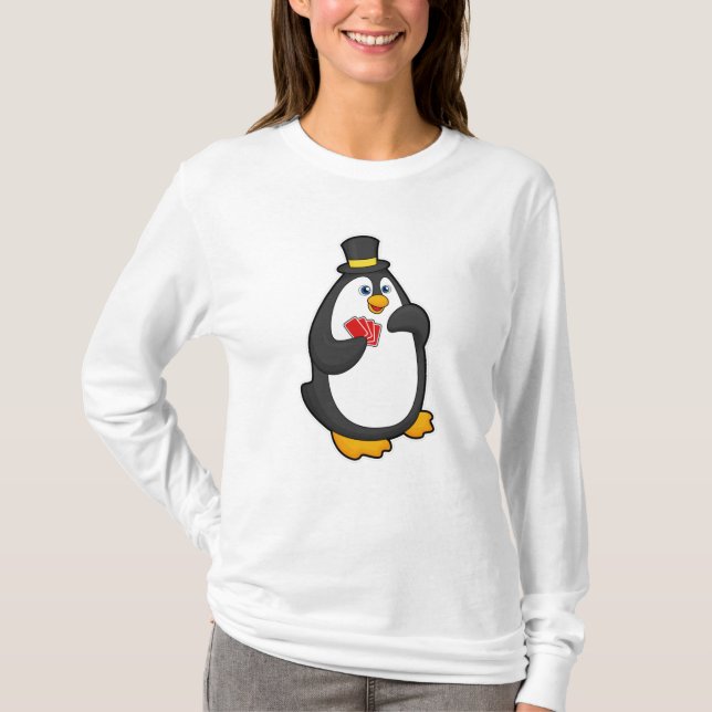 Penguin with Hat at Poker with Poker cards T-Shirt (Front)