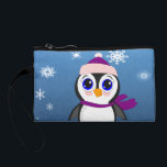 Penguin with Hat Coin Purse<br><div class="desc">An adorable cartoon penguin with a purple scarf and a purple and pink knit hat on a background of blue with snowflakes</div>