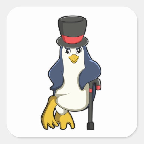 Penguin with Hat  Walking stick Square Sticker