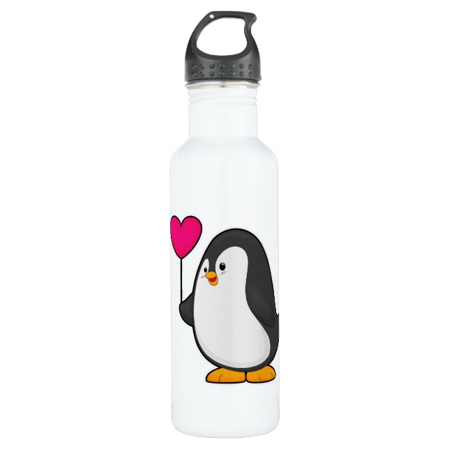 Penguin with Heart Balloon Stainless Steel Water Bottle (Front)