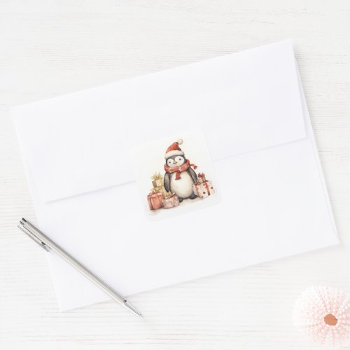 Penguin With Holiday Gifts Square Sticker