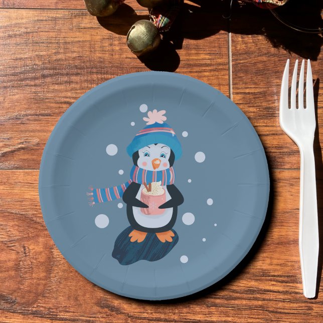 Penguin with Hot Cocoa Blue Holiday Paper Plate (Penguin with hot cocoa mug blue Holiday paper plate .)