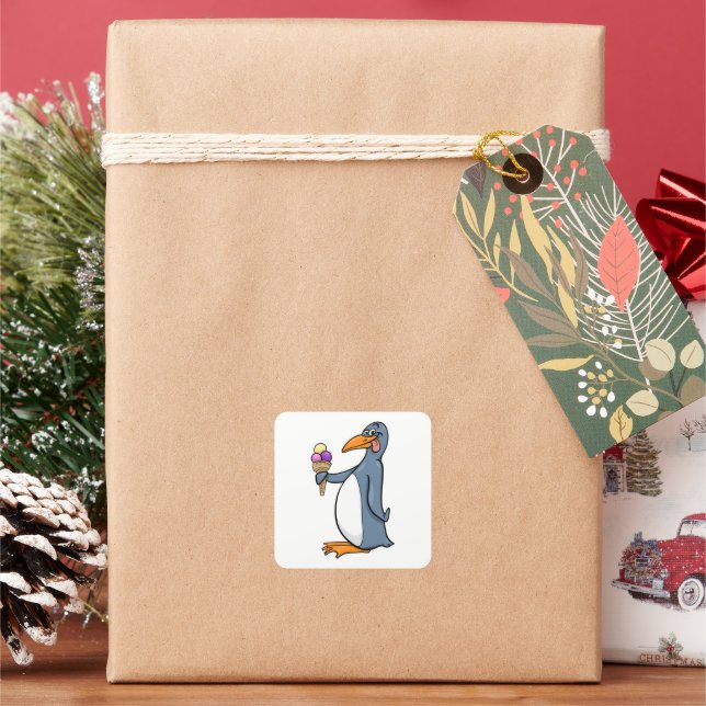 Penguin With Ice Cream Square Sticker (Holiday)