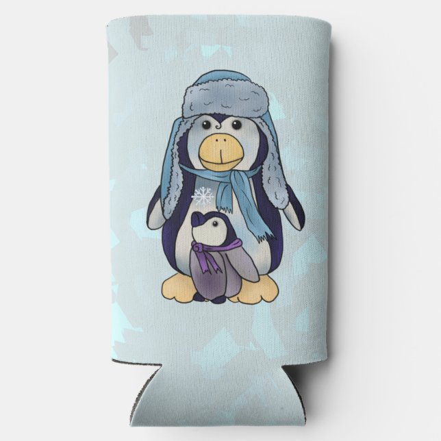 Penguin with kid coffee cup seltzer can cooler (Back)