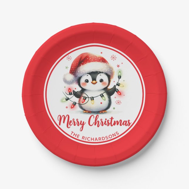 Penguin with Lights White and Red Merry Christmas Paper Plates (Front)