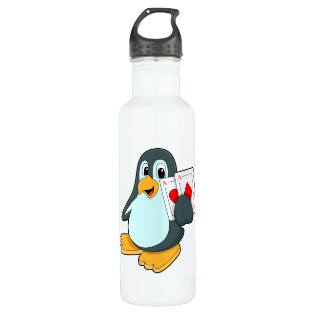 Penguin with Poker cards Stainless Steel Water Bottle (Front)