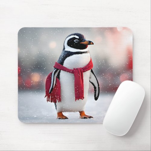 Penguin With Red Scarf In Snowflakes Mouse Pad