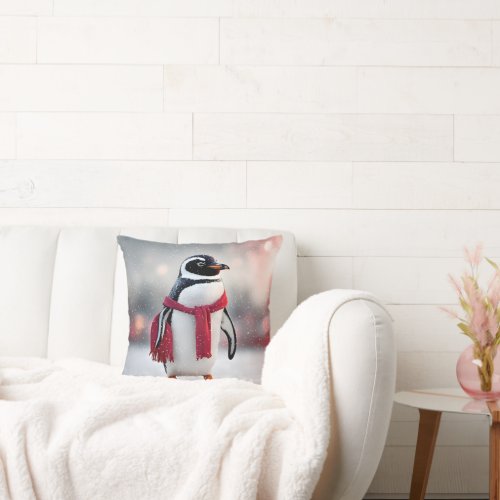 Penguin With Red Scarf In Snowflakes Throw Pillow