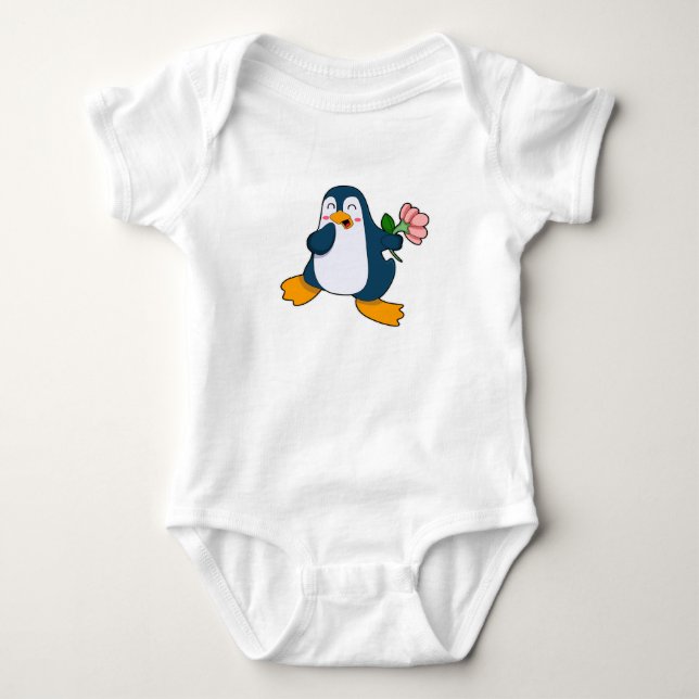 Penguin with rosa Flower Baby Bodysuit (Front)