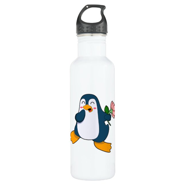 Penguin with rosa Flower Stainless Steel Water Bottle (Front)