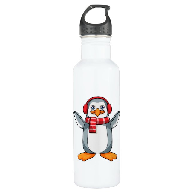 Penguin with Scarf & Headphone Stainless Steel Water Bottle (Front)
