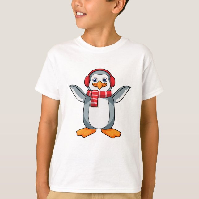 Penguin with Scarf & Headphone T-Shirt (Front)