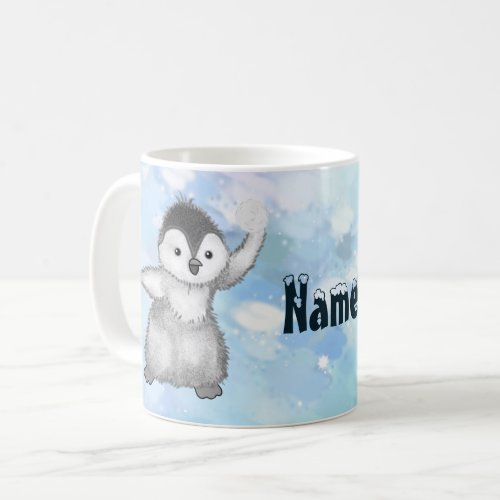 Penguin with snowball coffee cup