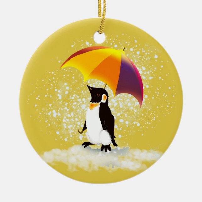 Penguin with Umbrella Ceramic Ornament (Front)