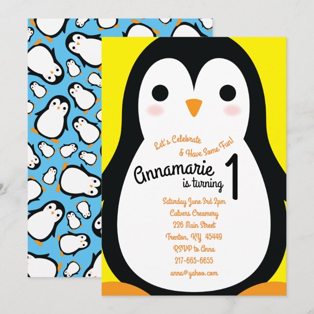 Penguins 1st Birthday Cute Winter Invitations (Front/Back)