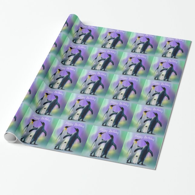 Penguins and baby birthday wrapping paper (Unrolled)