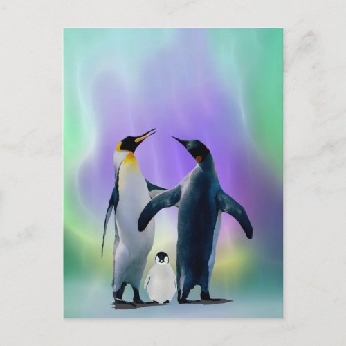 Penguins and baby in Aurora borealis Postcard