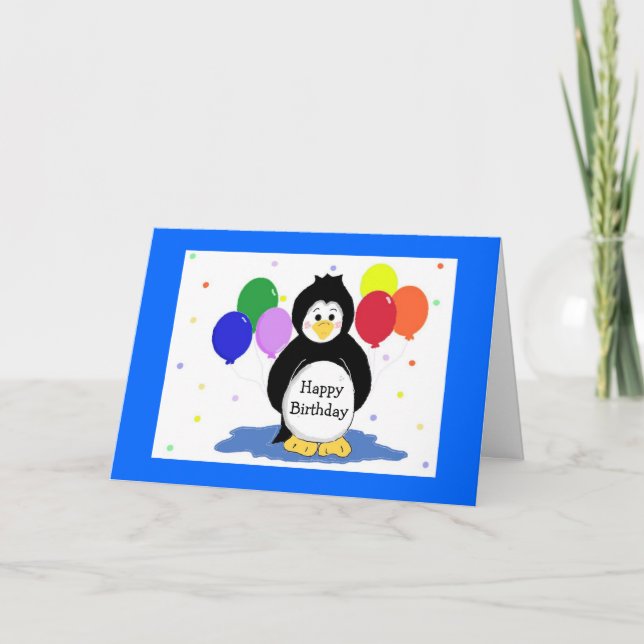 Penguins and Balloons Birthday Greeting Card (Front)
