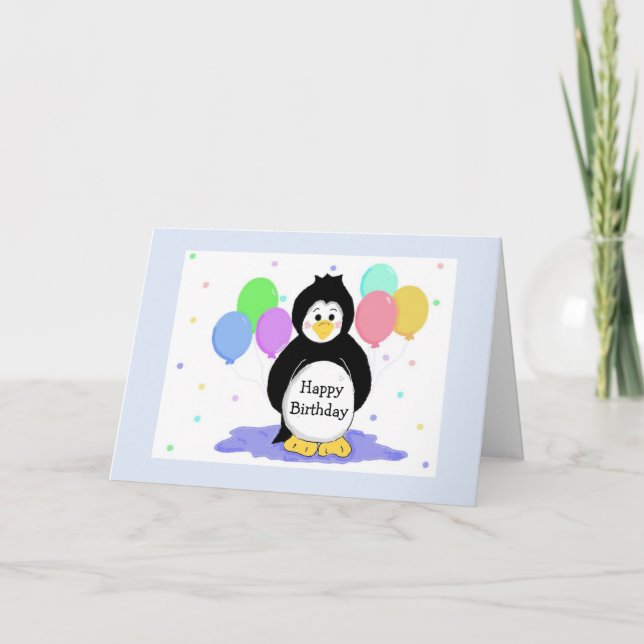 Penguins and Balloons Birthday Greeting Card (Front)
