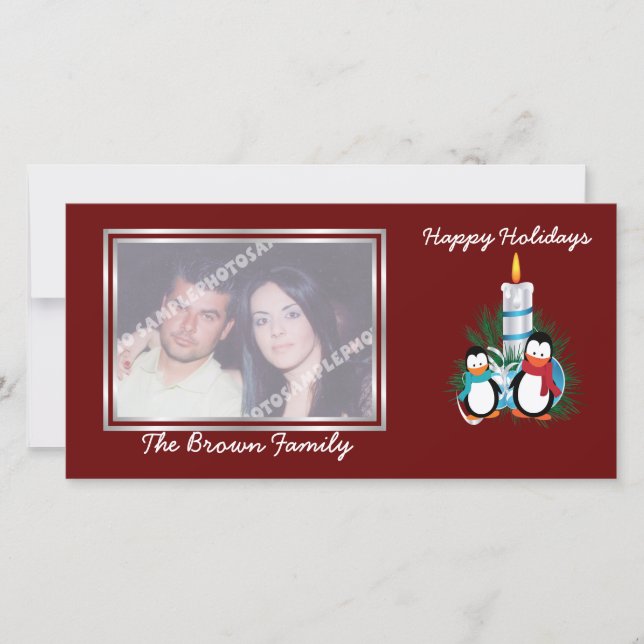 Penguins and candle Christmas custom Holiday Card (Front)