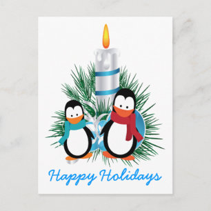 Penguins and candle Christmas custom Holiday Postcard