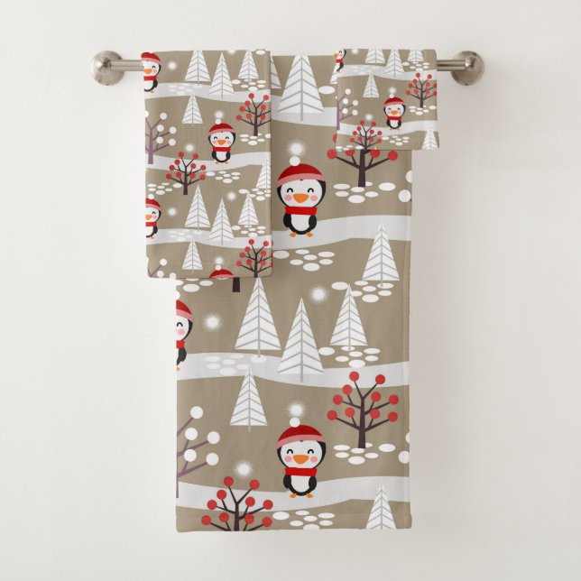 Penguins and Christmas trees Bath Towel Set (Insitu)