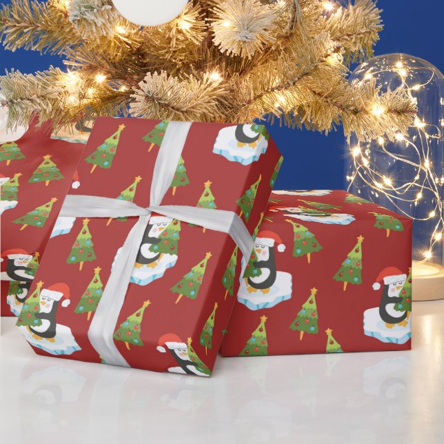Penguins And Christmas Trees Wrapping Paper (Holidays)