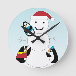 Penguins and Snow Man Round Clock