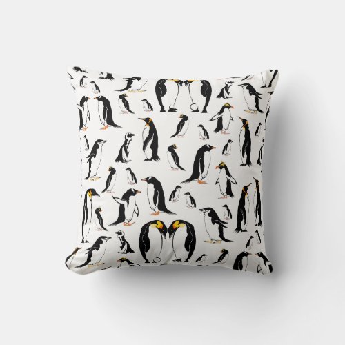 Penguins black and white pattern throw pillow