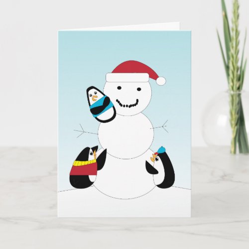 Penguins Building a Snowman Christmas Card