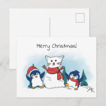 Penguins building a snowman christmas 