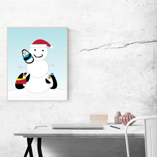 Penguins Building a Snowman in Winter Poster