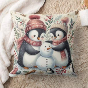 Penguins Building A Snowman Throw Pillow