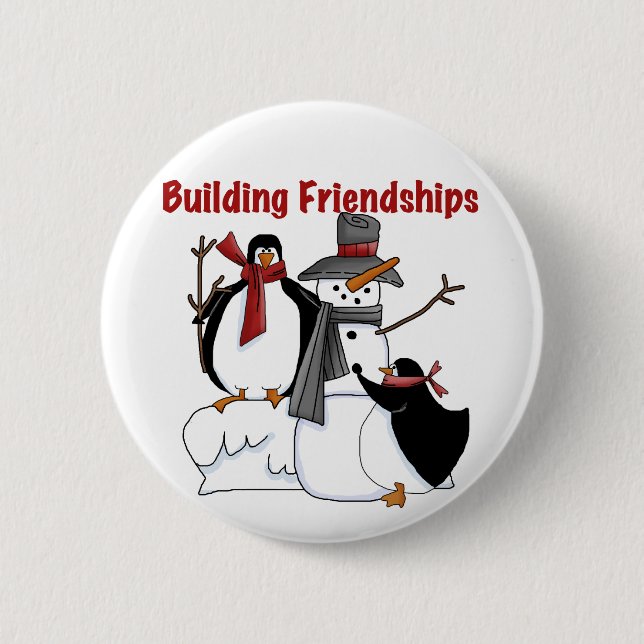 Penguins Building Friendship tshirts and Gifts Pinback Button (Front)
