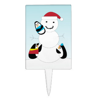 Penguins Building Snow Man in Winter Cake Topper
