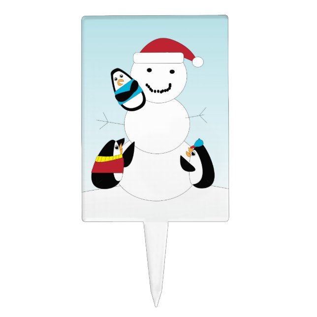 Penguins Building Snow Man in Winter Cake Topper (Front)