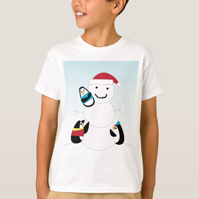 Penguins Building Snowman Winter T-Shirt (Front)