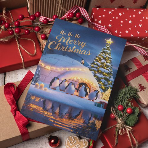 Penguins Celebrate in Igloo with Christmas Tree Postcard